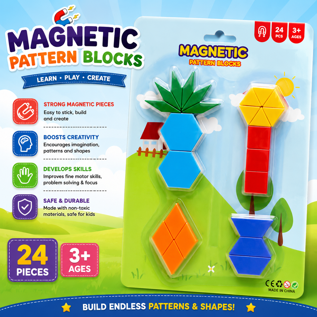 Colorful Magnetic Pattern Blocks - 24pcs