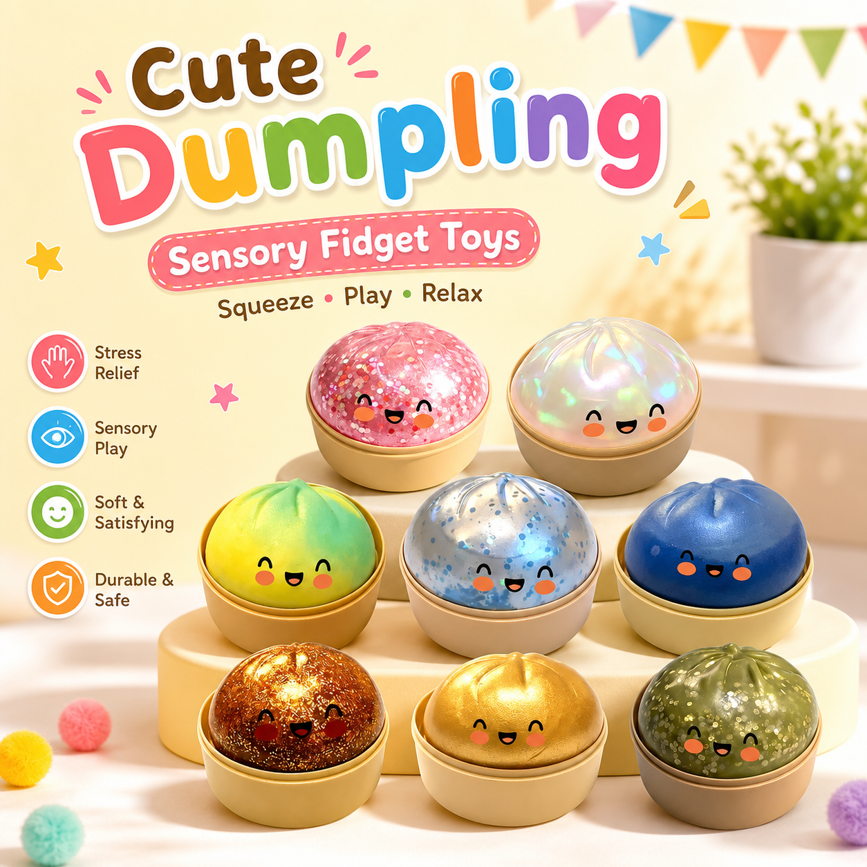 Random Color Super Squishy Stress Cube Dumplings Squeeze Toy - 1 Pcs