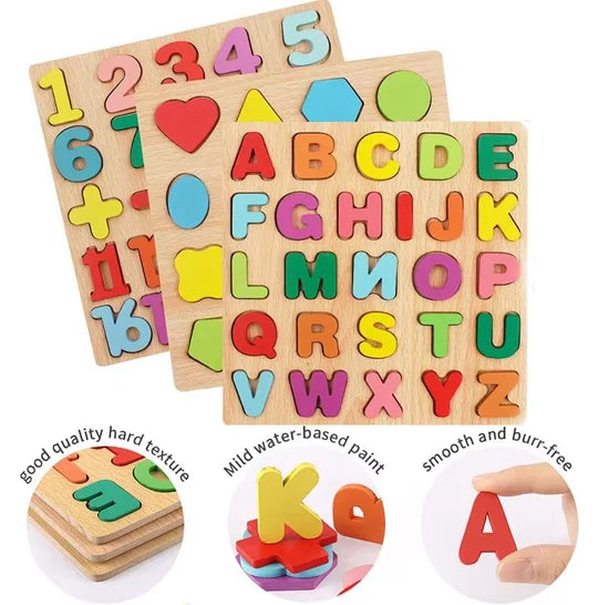 Wooden 3D Alphabet, Numbers & Shapes Learning Board