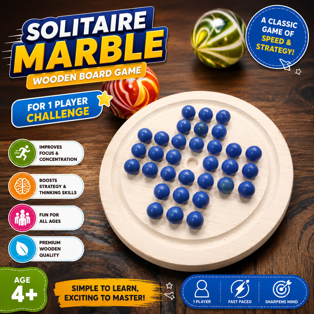 Marble Solitaire Wooden Board Family Game