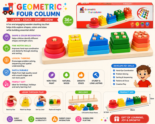 Geometric Four Column Wooden Stacking Toy - RHAC