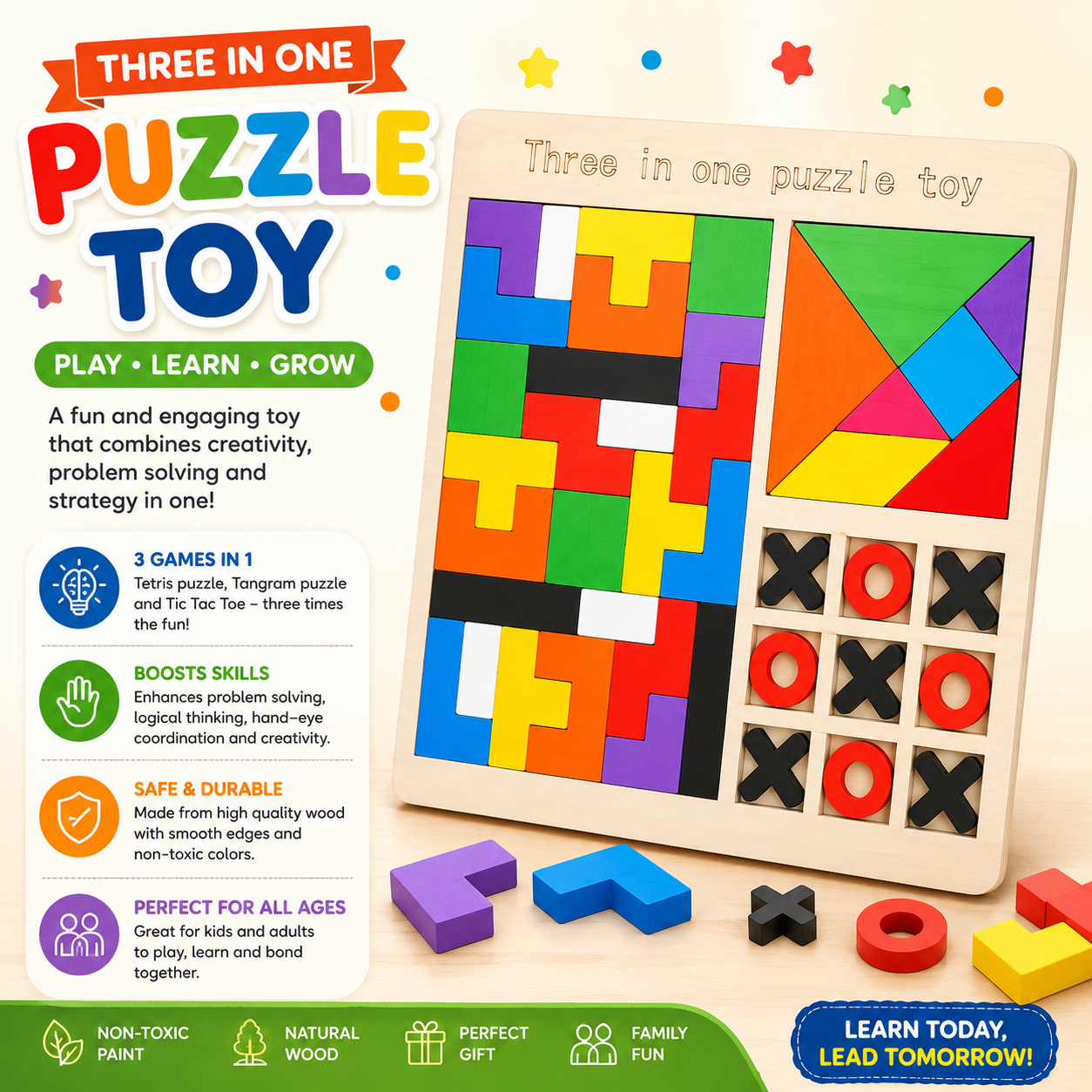 3in1 Wooden Tangram Tetris Intelligence Puzzle Board