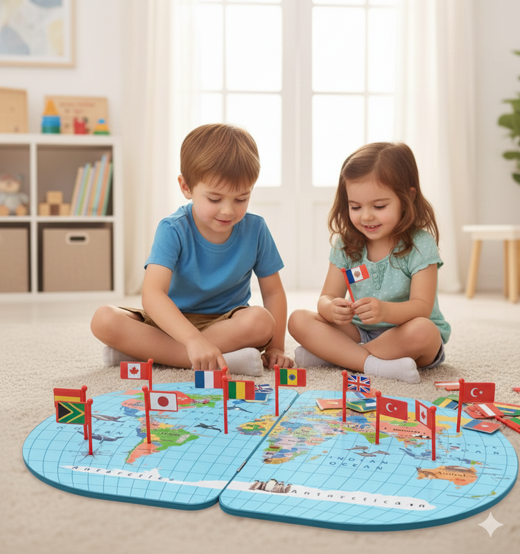 Wooden World Map With Recognition 30 Countries Flags